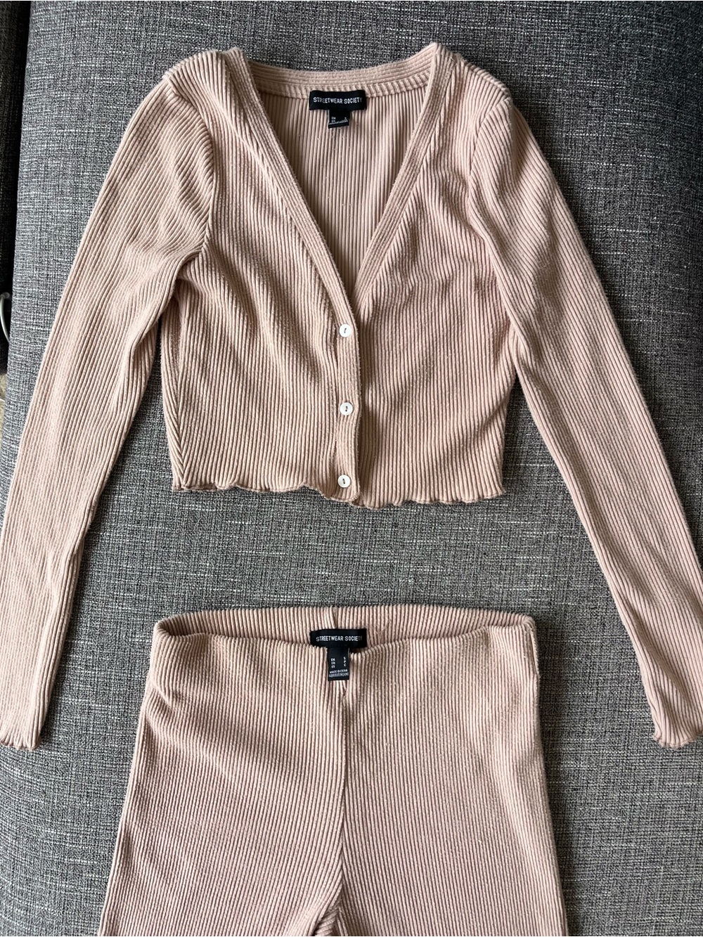 Streetwear Society Dusty Pink Ribbed Button-Front Cardigan & Pants Matching Set